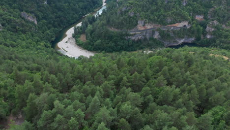 Antena-Sobre-Un-Bosque-De-Pinos-Descubriendo-El-Río-Tarn-Y-El-Cañón-Gorges-Du-Tarn.